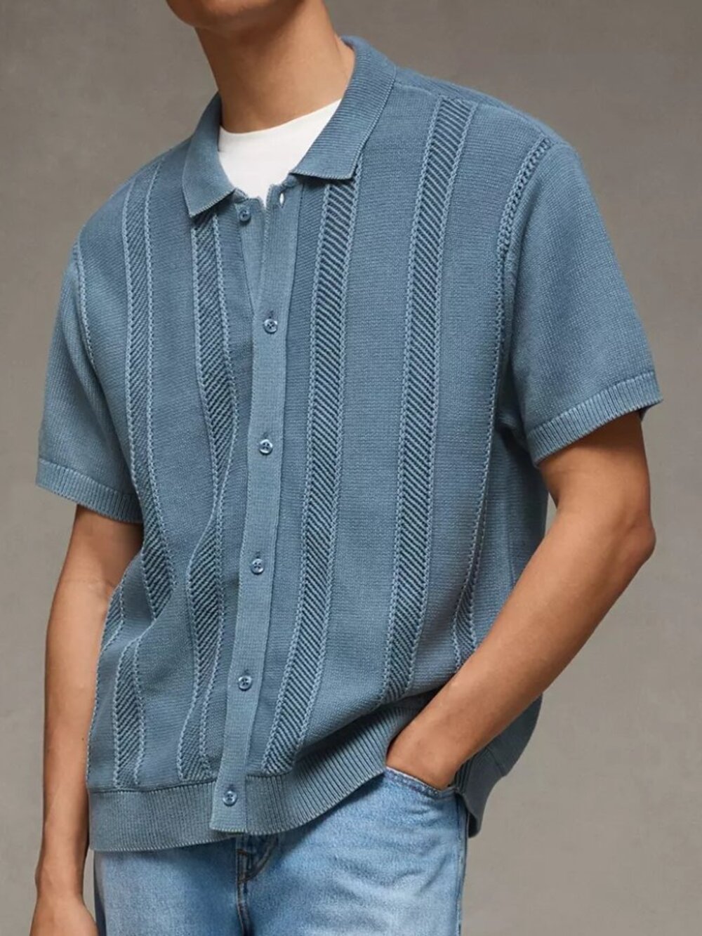 AMERICAN EAGLE Men's Garment-Washed Button-Up Short Sleeve Sweater - Medium NWT